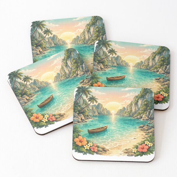 Item preview, Tropical Island Paradise: Turquoise Lagoon Wooden Boat Beach Sunset designed and sold by irfanshikh.
