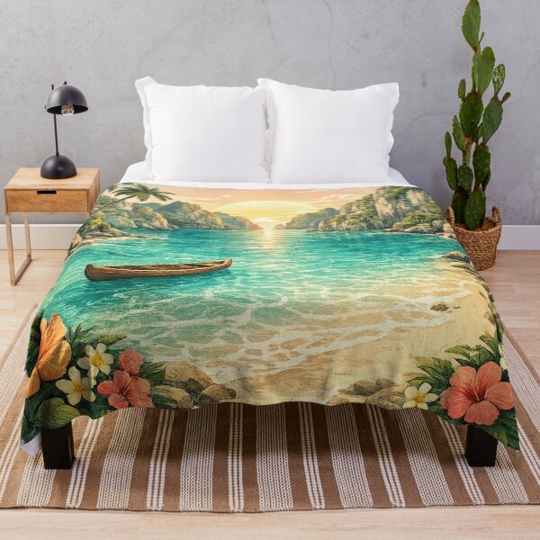 Item preview, Tropical Island Paradise: Turquoise Lagoon Wooden Boat Beach Sunset designed and sold by irfanshikh.