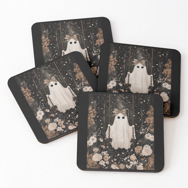 Item preview, Cute Ghost Wear Leopard Bow on Swing in Cottagecore Autumn Forest designed and sold by Serene woods.