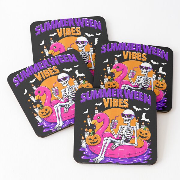 Item preview, Summerween Vibes Skeleton Relaxing on Pink Flamingo Float with Pumpkins Candy designed and sold by Serene woods.
