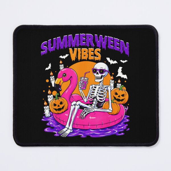 Item preview, Summerween Vibes Skeleton Relaxing on Pink Flamingo Float with Pumpkins Candy designed and sold by Serene woods.