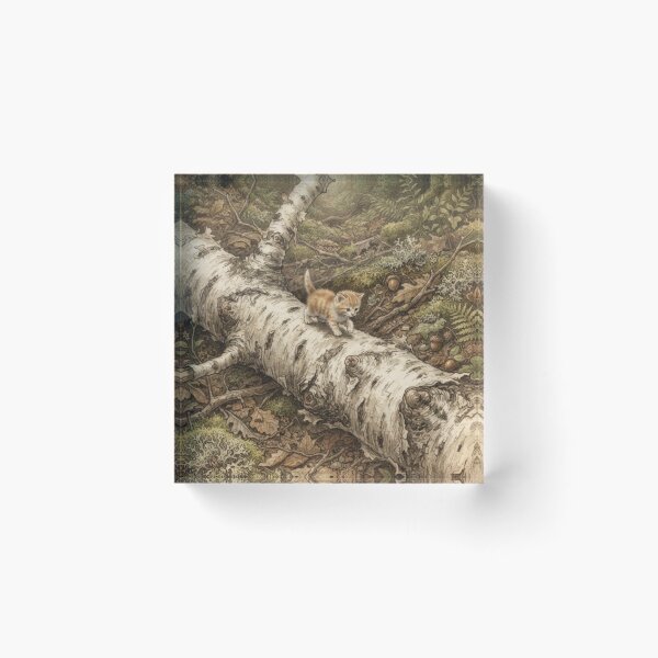 Item preview, Tiny Kitten Walking on a Giant Fallen Birch Branch Miniature Illustration designed and sold by DuckOddity.