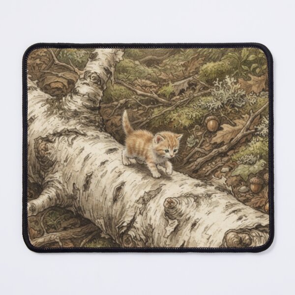 Item preview, Tiny Kitten Walking on a Giant Fallen Birch Branch Miniature Illustration designed and sold by DuckOddity.