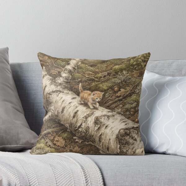 Item preview, Tiny Kitten Walking on a Giant Fallen Birch Branch Miniature Illustration designed and sold by DuckOddity.