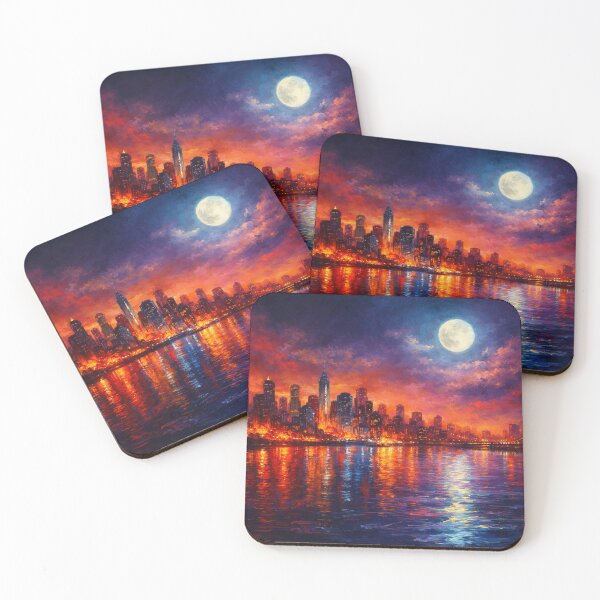 Item preview, Colorful City Skyline Under Full Moon - Red and Blue Night Cityscape Art Print designed and sold by Joey Santiago.