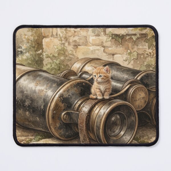 Item preview, Tiny Kitten on a Giant Vintage Field Binoculars Miniature Illustration designed and sold by DuckOddity.