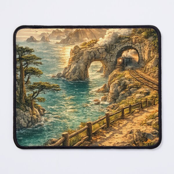 Item preview, Coastal Railway Tunnel: Steam Train Rock Arch Sunset Seaside Adventure designed and sold by irfanshikh.
