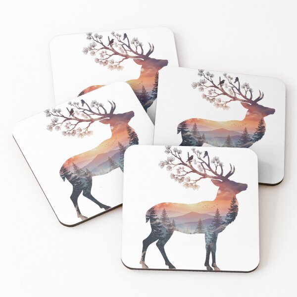 Item preview, Double Exposure Deer Sunset Forest Watercolor designed and sold by GabeMountainArt.