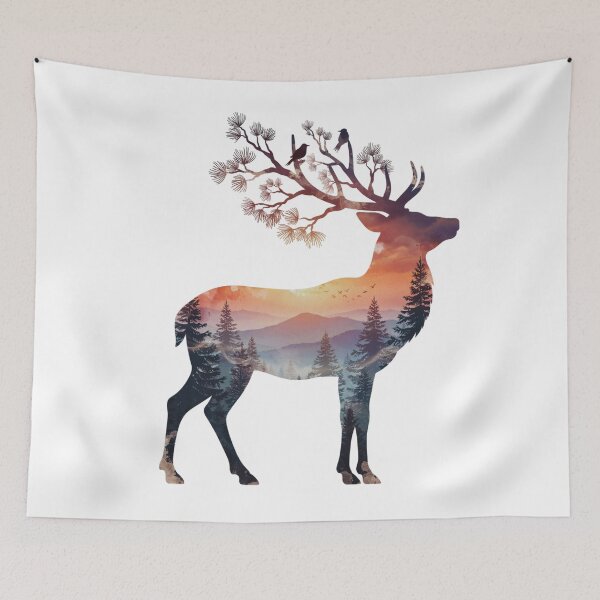 Item preview, Double Exposure Deer Sunset Forest Watercolor designed and sold by Gabe1983.