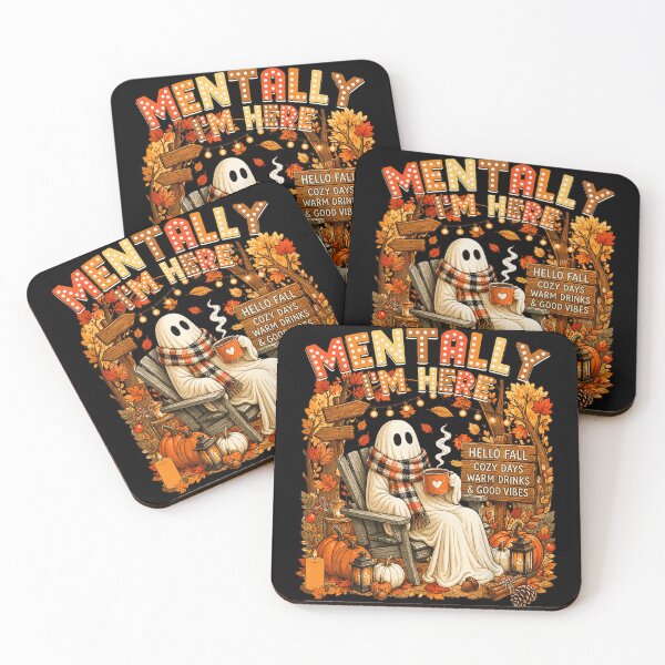 Item preview, Mentally Im Here Cozy Fall Ghost Drinking Hot Coffee Autumn Season designed and sold by NgumohaLanke.