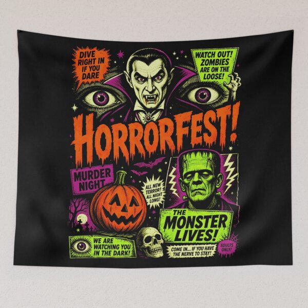 Item preview, Horrorfest Classic Monster Movie Poster Vampire Frankenstein Retro Comic Art designed and sold by NgumohaLanke.