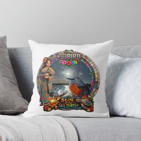 Item preview, Hayama Shinnase Beach Sunburst with Kimono Princess, Sea Turtle & Blue Rock Thrush designed and sold by Plus91BIRD.
