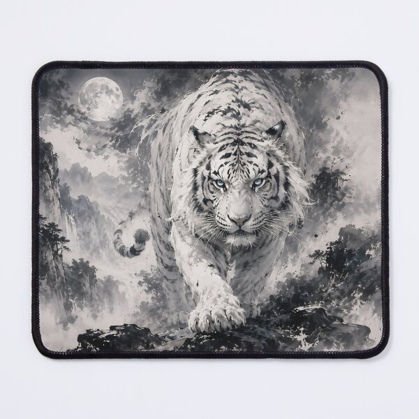 Item preview, Majestic White Tiger Under the Moon | Chinese Ink Painting Fantasy Art designed and sold by ManJiangHong.