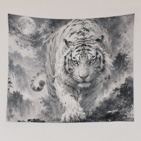 Item preview, Majestic White Tiger Under the Moon | Chinese Ink Painting Fantasy Art designed and sold by ManJiangHong.