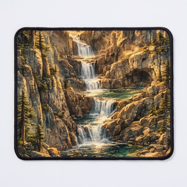 Item preview, Cascading Waterfall Canyon: Golden Sunrise Tiered Falls Forest Landscape designed and sold by irfanshikh.