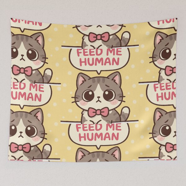 Item preview, Cute Hungry Cat "Feed Me Human" Kawaii Cartoon Design designed and sold by Cat-astrophes.