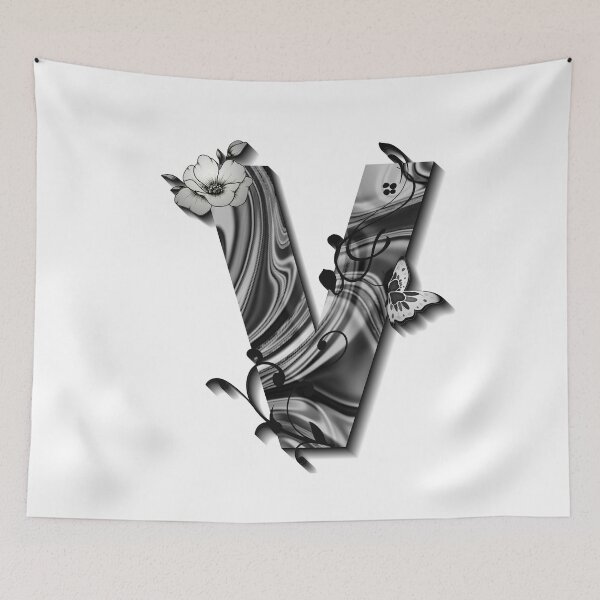 Item preview, Letter V Botanical Monogram black and white liquid marble designed and sold by iRenza.