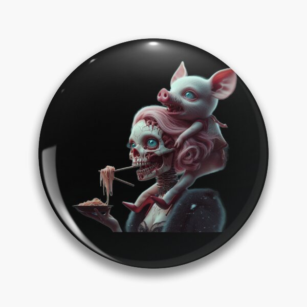 Item preview, Gothic Skull Girl Eating Noodles with Creepy Piglet designed and sold by LujziWorld.