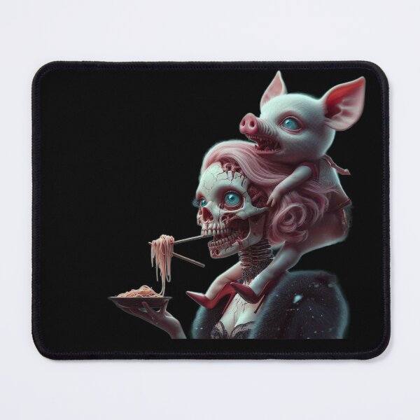 Item preview, Gothic Skull Girl Eating Noodles with Creepy Piglet designed and sold by LujziWorld.
