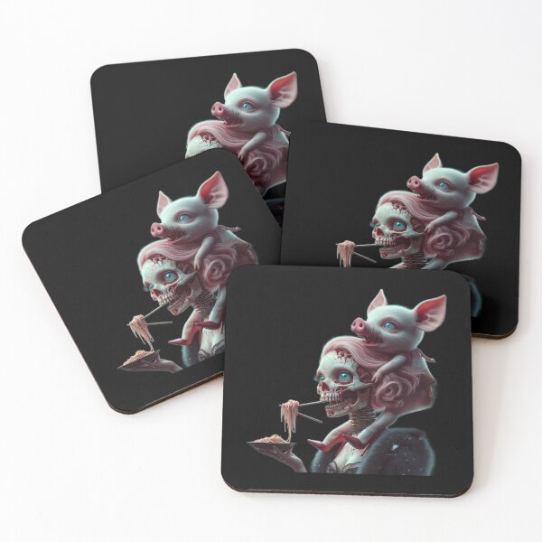 Item preview, Gothic Skull Girl Eating Noodles with Creepy Piglet designed and sold by LujziWorld.