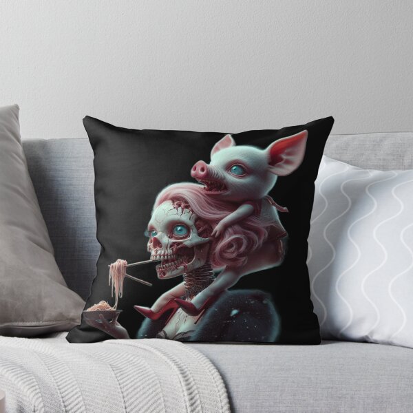 Item preview, Gothic Skull Girl Eating Noodles with Creepy Piglet designed and sold by LujziWorld.
