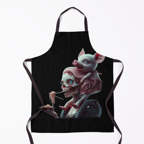 Item preview, Gothic Skull Girl Eating Noodles with Creepy Piglet designed and sold by LujziWorld.