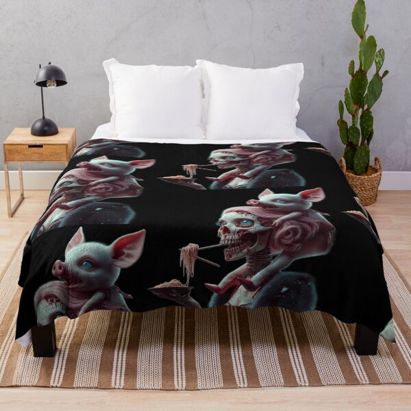 Item preview, Gothic Skull Girl Eating Noodles with Creepy Piglet designed and sold by LujziWorld.