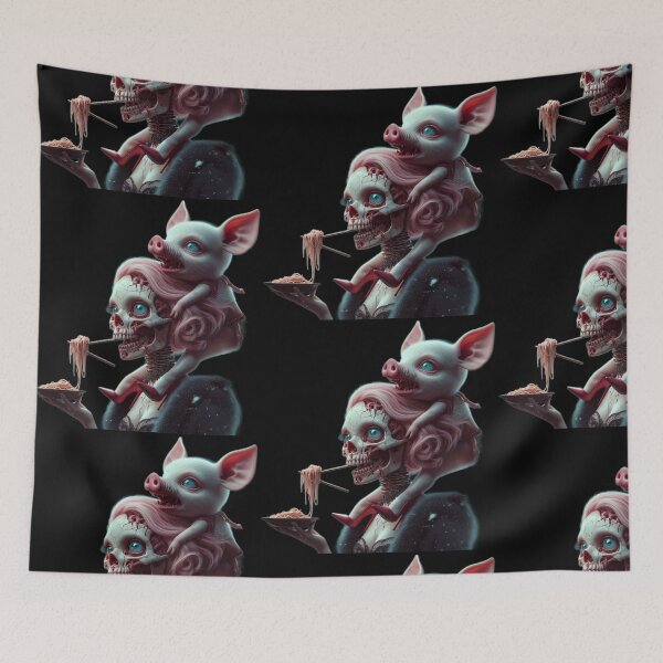 Item preview, Gothic Skull Girl Eating Noodles with Creepy Piglet designed and sold by LujziWorld.