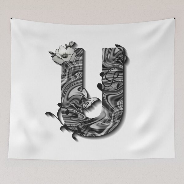 Item preview, Letter U Botanical Monogram black and white liquid marble designed and sold by iRenza.