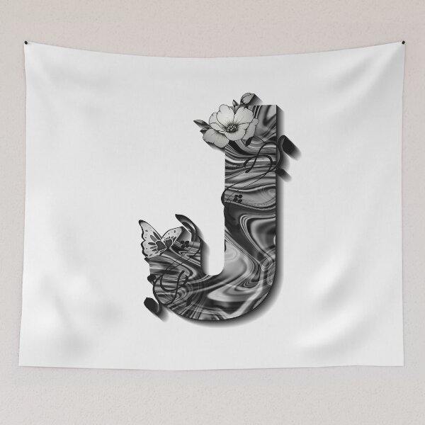 Item preview, Letter J Botanical Monogram black and white liquid marble designed and sold by iRenza.
