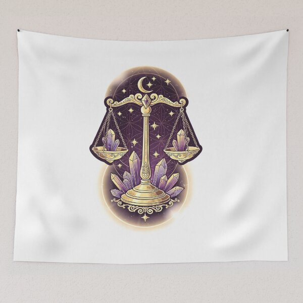 Item preview, Libra Gold Scales Amethyst Crystal Moon Stars Zodiac Art designed and sold by Zodiac Celestial Art.