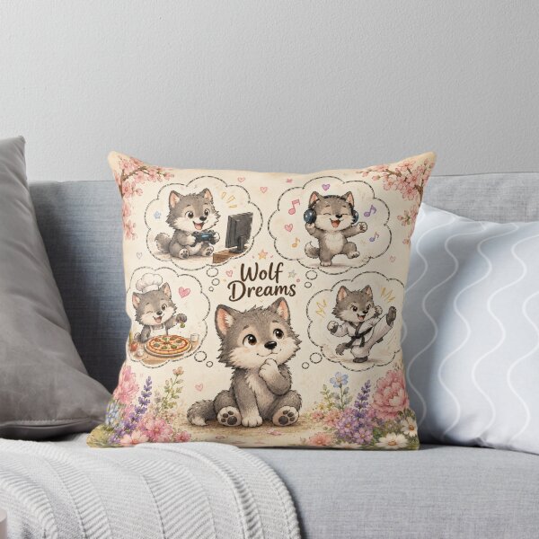 Item preview, Wolf Dreams | Cute Wolf Puppy Dreaming Gaming Music Pizza & Karate Watercolor Floral Animal Illustration designed and sold by HOUSE OF TIST.
