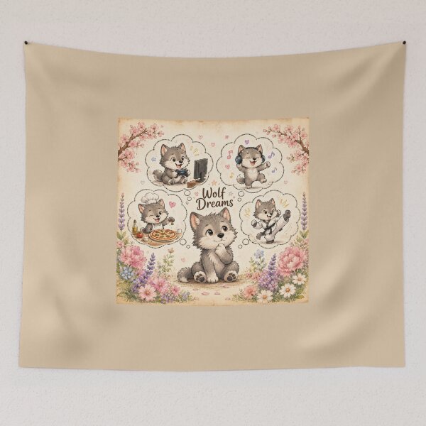 Item preview, Wolf Dreams | Cute Wolf Puppy Dreaming Gaming Music Pizza & Karate Watercolor Floral Animal Illustration designed and sold by HOUSE OF TIST.