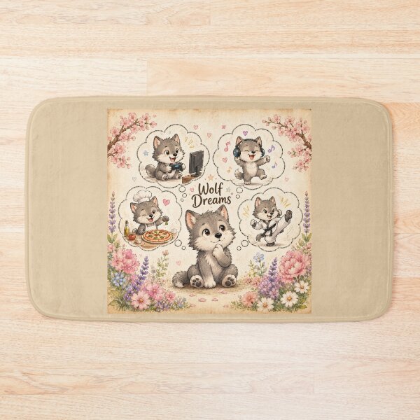 Item preview, Wolf Dreams | Cute Wolf Puppy Dreaming Gaming Music Pizza & Karate Watercolor Floral Animal Illustration designed and sold by HOUSE OF TIST.