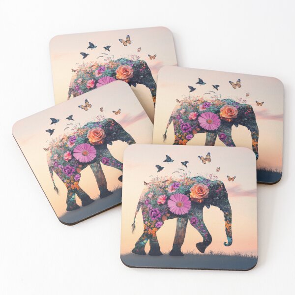 Item preview, Silhouette of elephant created from flowers and butterflies walking on the landscape during sunset.	 designed and sold by Soft Oddity.