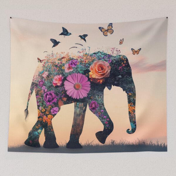 Item preview, Silhouette of elephant created from flowers and butterflies walking on the landscape during sunset.	 designed and sold by Soft Oddity.