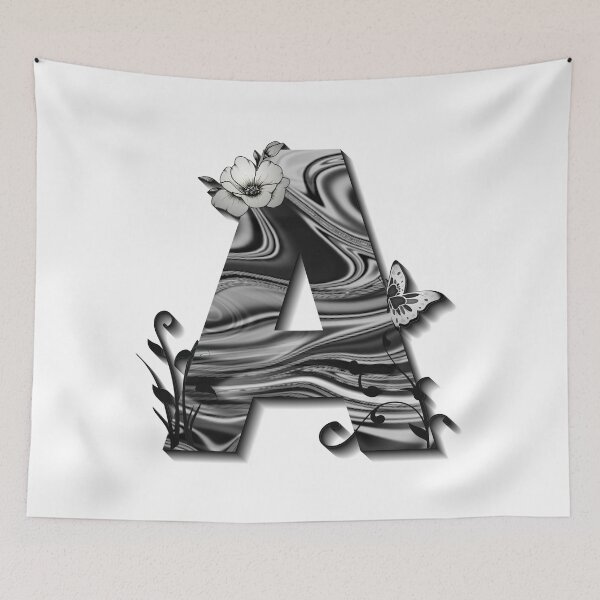 Item preview, Letter A Botanical Monogram black and white liquid marble designed and sold by iRenza.