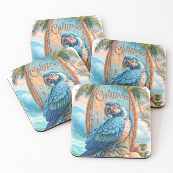Item preview, Calipso – Tropical Blue Macaw on Surfboard | Coastal Island Paradise Art designed and sold by AngelottiCR.
