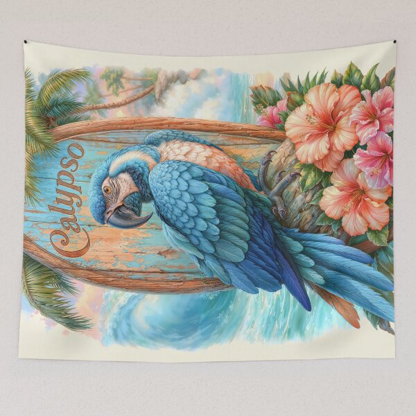 Item preview, Calipso – Tropical Blue Macaw on Surfboard | Coastal Island Paradise Art designed and sold by AngelottiCR.