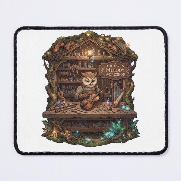Item preview, The Owl's Melody Workshop | Whimsical Owl Luthier | Enchanted Musical Instrument Maker Fantasy Illustration designed and sold by MrDev.