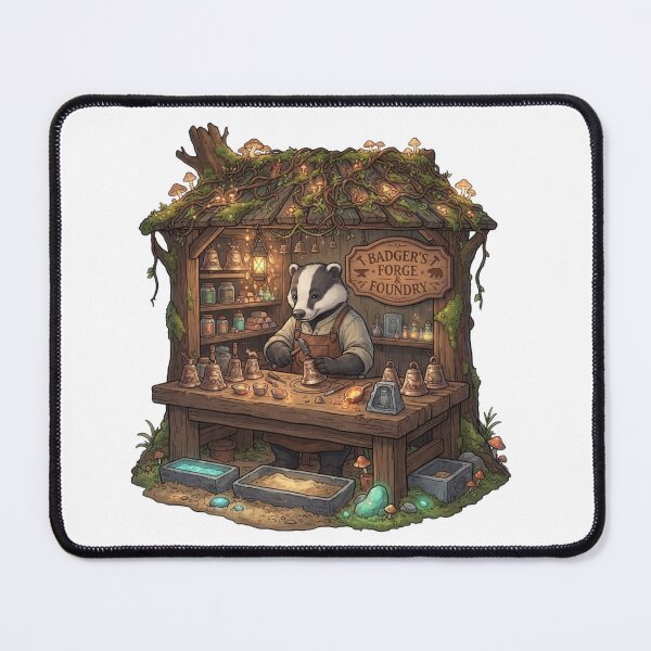Item preview, Badger's Forge & Foundry | Whimsical Badger Blacksmith | Enchanted Bell Maker Fantasy Illustration designed and sold by MrDev.