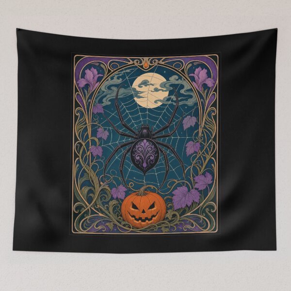 Item preview, Art Nouveau Spider Pumpkin Halloween Moon designed and sold by AntiqueImages.