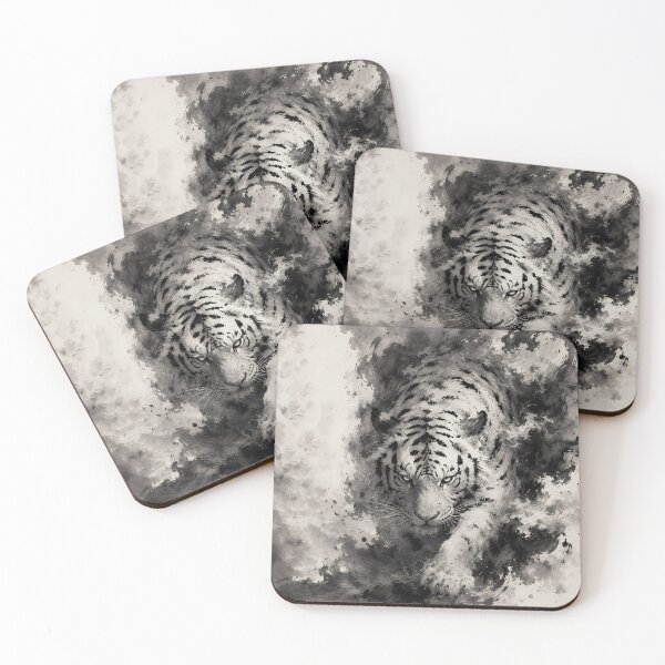 Item preview, Majestic White Tiger Emerging from Ink | Chinese Ink Painting | Monochrome Wildlife Art designed and sold by ManJiangHong.