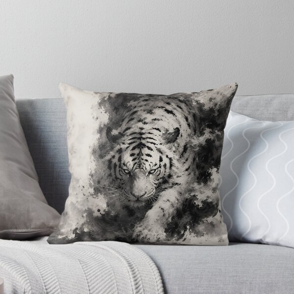 Item preview, Majestic White Tiger Emerging from Ink | Chinese Ink Painting | Monochrome Wildlife Art designed and sold by ManJiangHong.