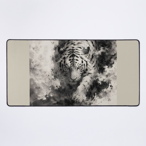 Item preview, Majestic White Tiger Emerging from Ink | Chinese Ink Painting | Monochrome Wildlife Art designed and sold by ManJiangHong.
