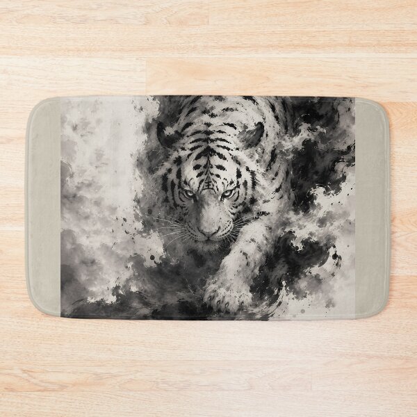 Item preview, Majestic White Tiger Emerging from Ink | Chinese Ink Painting | Monochrome Wildlife Art designed and sold by ManJiangHong.