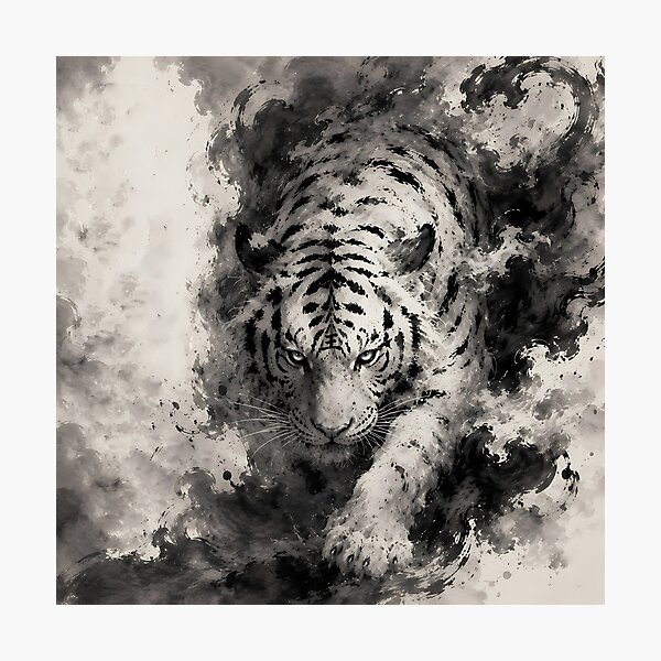 Item preview, Majestic White Tiger Emerging from Ink | Chinese Ink Painting | Monochrome Wildlife Art designed and sold by ManJiangHong.