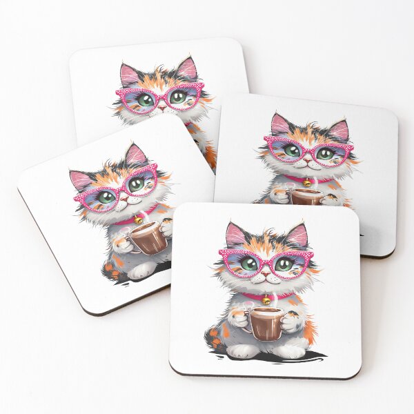 Item preview, Cat wearing colourful glasses and drinking coffee designed and sold by lucyinspace.
