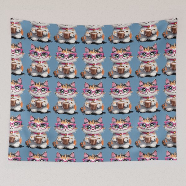 Item preview, Cat wearing colourful glasses and drinking coffee designed and sold by lucyinspace.
