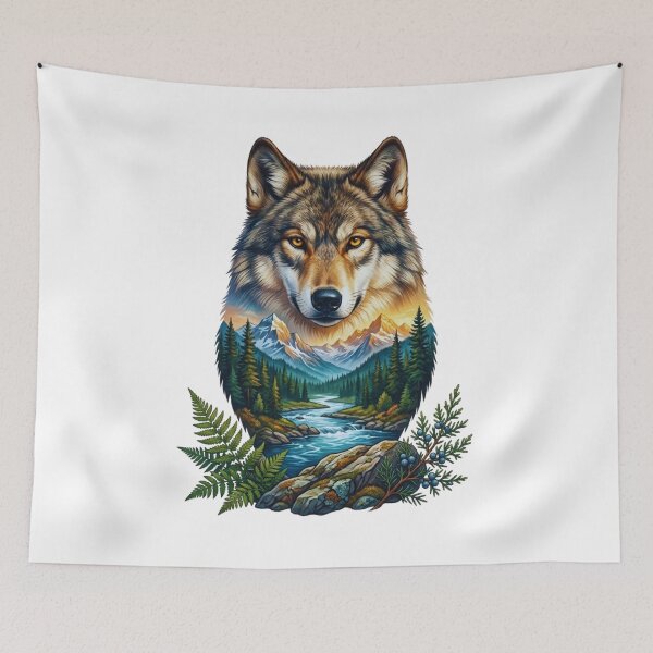 Item preview, Double Exposure Wolf Mountain Landscape Watercolor designed and sold by GabeMountainArt.